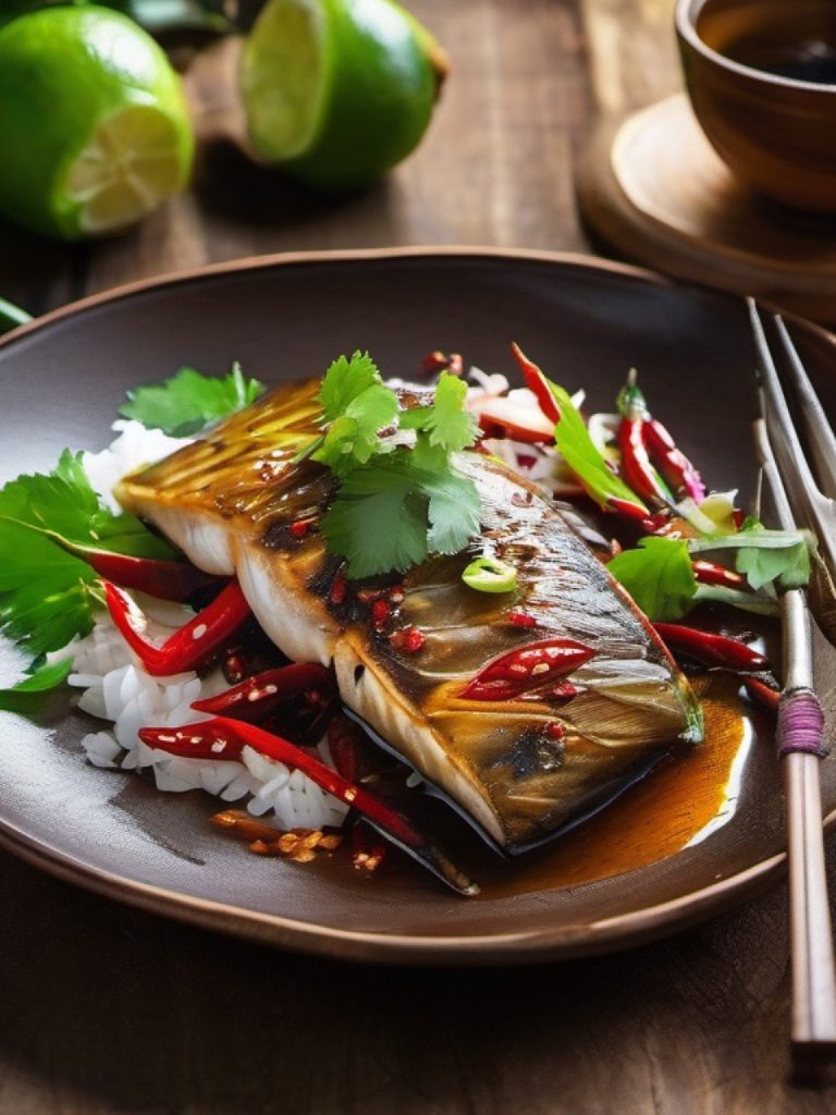 pla pao (thailaendische makrele in tamarinde)